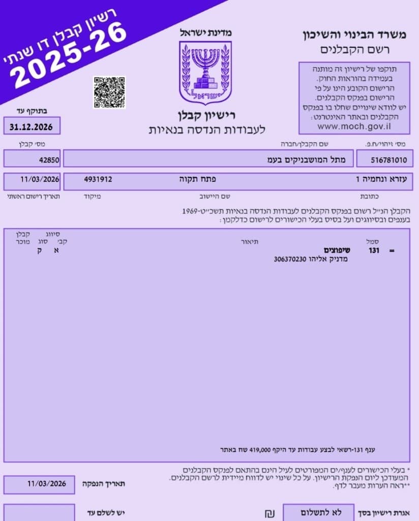 רישיון קבלן של מטל המושבניקים בע"מ
